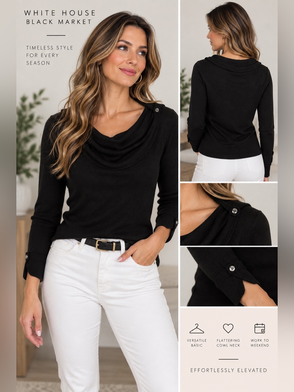 White House Black Market Black Cowl Neck Sweater Top Size Medium